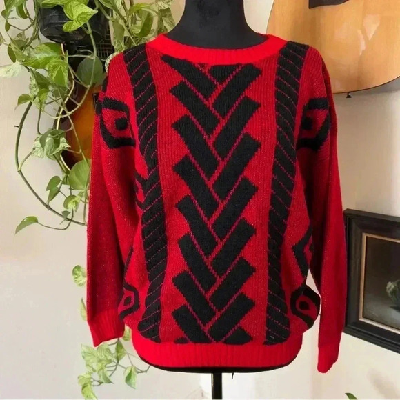 Vintage 80s Centennial Knits Sparkle Red and Black Sweater - Small - Picture 1 of 6
